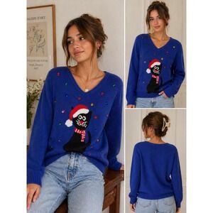 Carolyn Taylor Christmas Cat Sweater Sparkle Embellished Purple Size L